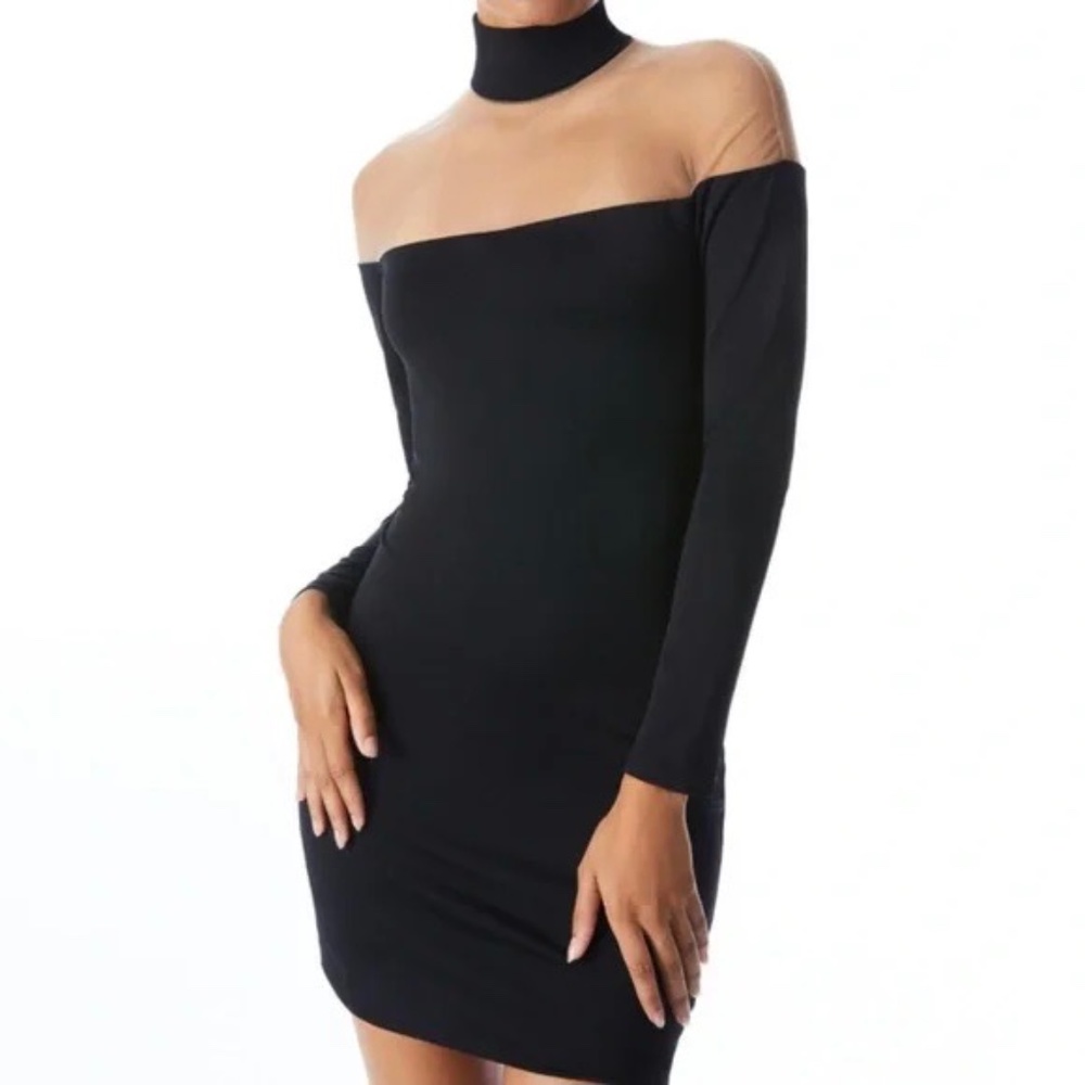 Alice + Olivia Zahra Black And Sheer Turtleneck Mini Dress US8